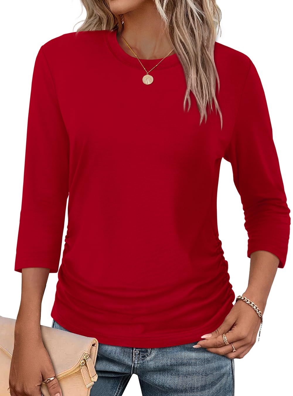 Photo 1 of WIHOLL Shirts for Women 3/4 Length Sleeve Trendy Summer Tops Work Office Blouses Casual Outfits Crewneck Womens Fall Clothes Red M