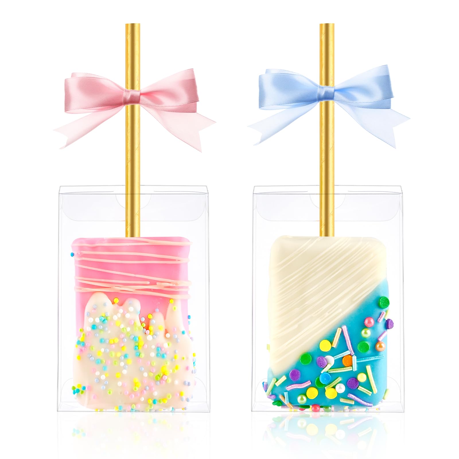 Photo 1 of Jutieuo 45 PCS 3.5x2.4x1.38 Inches Clear Rice Krispie Treat Boxes with Hole Individual Cakesicle Boxes Transparent PET Plastic Candy Macaron Boxes Baby Shower Party Favors Boxes