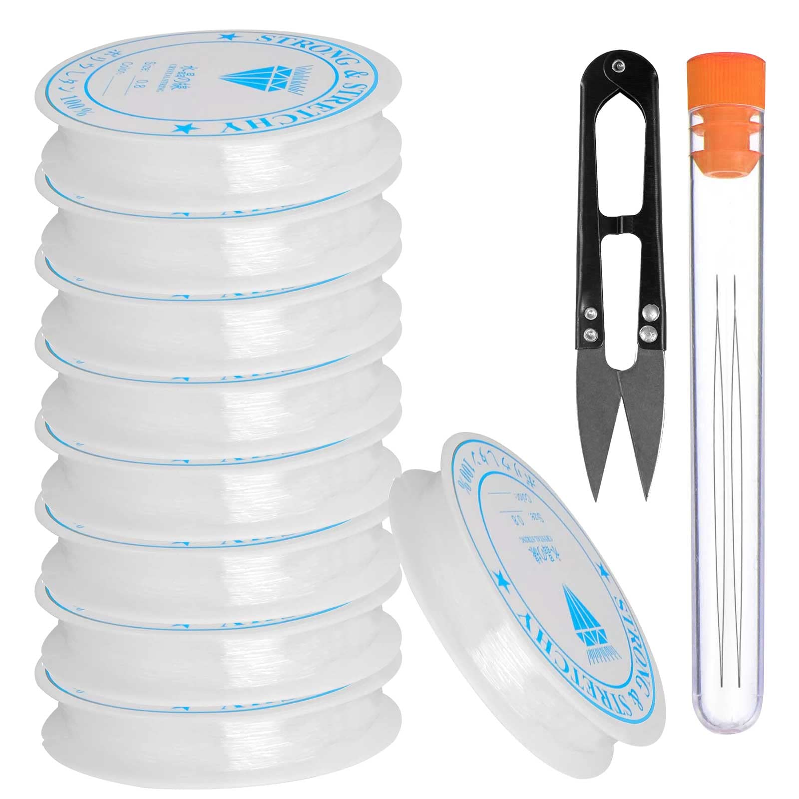 9PCS Bracelet Elastic 0.8mm Bracelet Beading Thread Clear Bead Cord Stretchy Bracelet String Crystal String Stretch Line Invisible Bracelet String With Needles Cutter For Seed Beads Jewellery Making