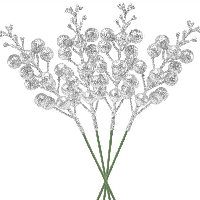 YYCRAFT Glitter Berries Stems, Artificial Berries Picks for Christmas Tree Ornaments, DIY Xmas Wreath, Crafts, Holiday and Home Decor(16 Pack, Silver) — image 1