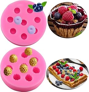 2-Pack Small Size Blueberry & Raspberry Fondant Molds - MoldFun Berry Silicone Mould for Gum Paste, Cupcake Decorating, Polymer Clay, Chocolate, Candy, Gummy (Pink/White)