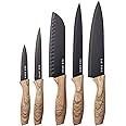Rae Dunn Everyday Collection Set of 5 Stainless Steel Knives with Sheaths- Chef, Paring, Bread, Santoku Knives- (Black)