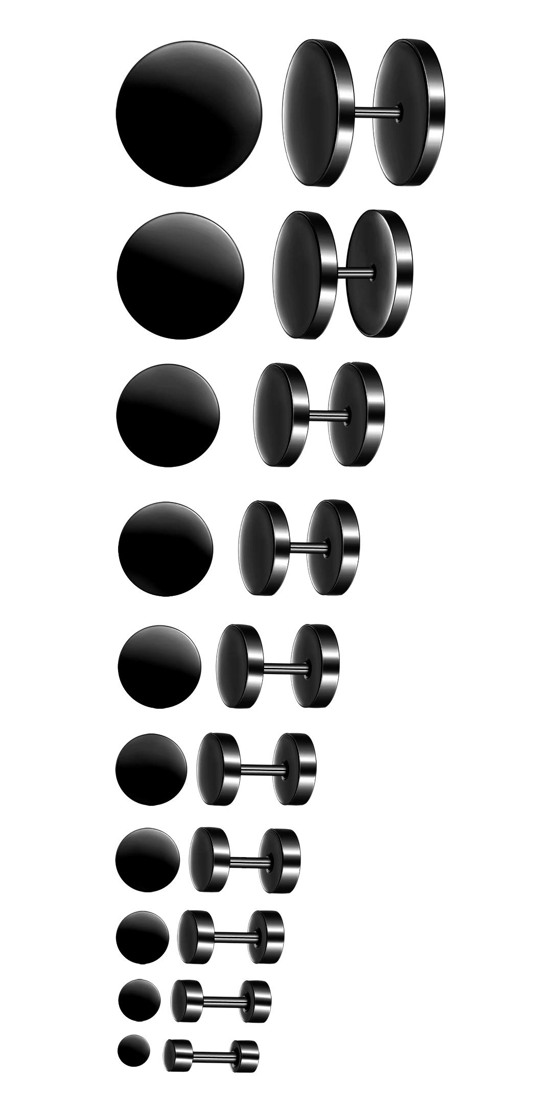 MicVivien 10 Pairs Stainless Steel Fake Plugs Black Screw Studs Earrings Set for Men and Women, Diameter 3-14MM (5 Colors Option)