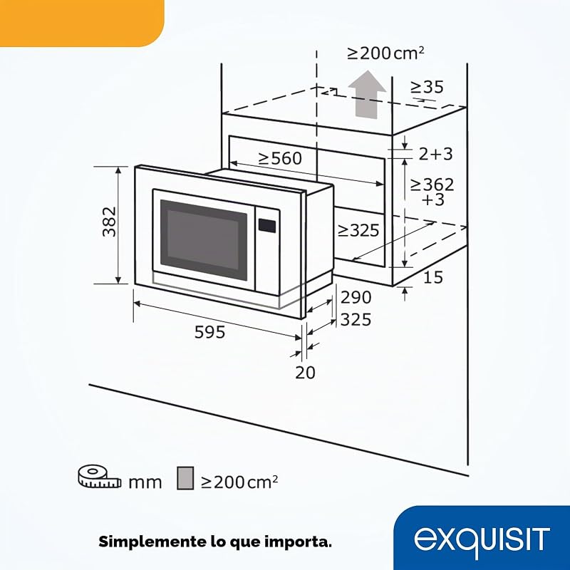 Microondas de Encastre, 20L, 800W, Grill 1000W, Acabado Acero Inoxidable, Temporizador Digital, Luz Interior, Plato 24,5Cm, Medidas 35,5x46,5x34 Cm.