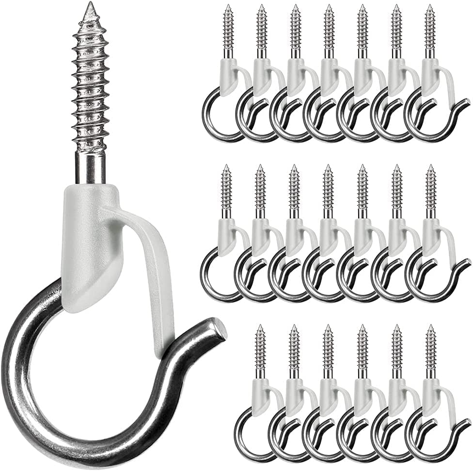 BeneLabel 20pcs Christmas Light Hook Screw-in Hanger for Outdoor Garden Hanging Plant, String Wire, Cups, Kitchen Utensils with Safety Buckle, 4.8cm / 40lbs, White