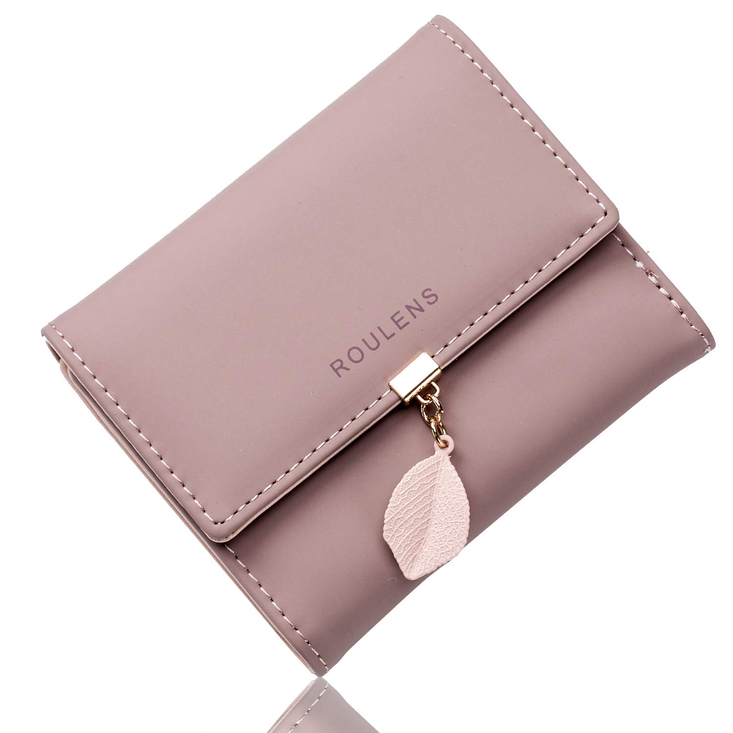 Roulens Ladies Purse, RFID Blocking PU Leather Wallet for Women Leaf Pendant Zipper Coin Purse with Multiple Card Slots and Roomy Compartment