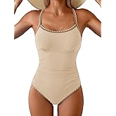Eomenie Women's One Piece Swimsuit Tummy Control Slimming Bathing Suit Ruched Swimwear Tie Back Shell Stitch Swim Suit