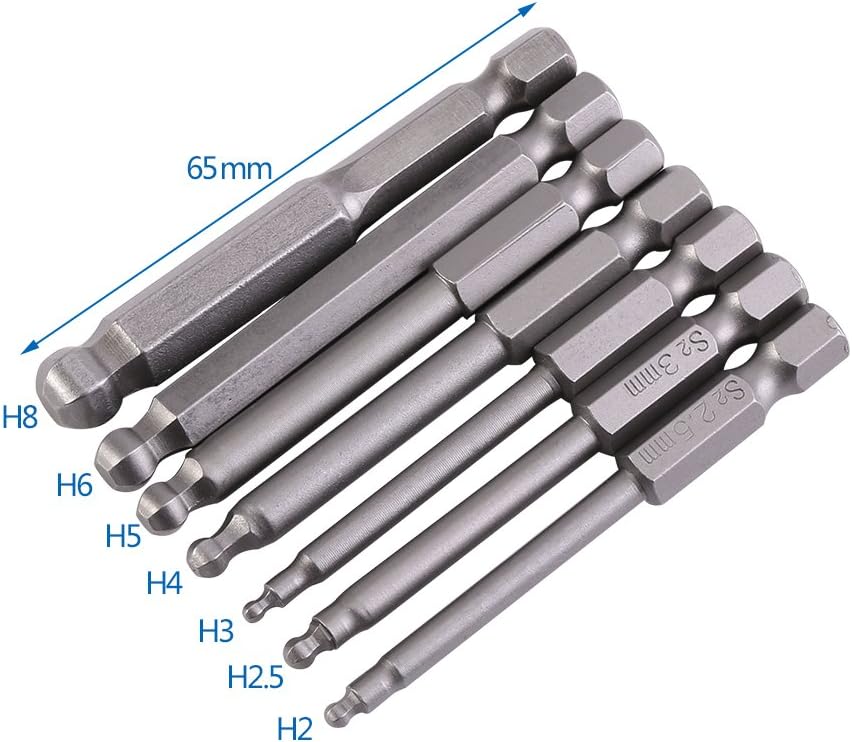 7-Piece 1/4 Inch Hex Shank Ball-Head Screwdriver Bit Set including Magnetic Allen Wrench Tips, Sizes 2-8mm, 65mm Length - Image 4