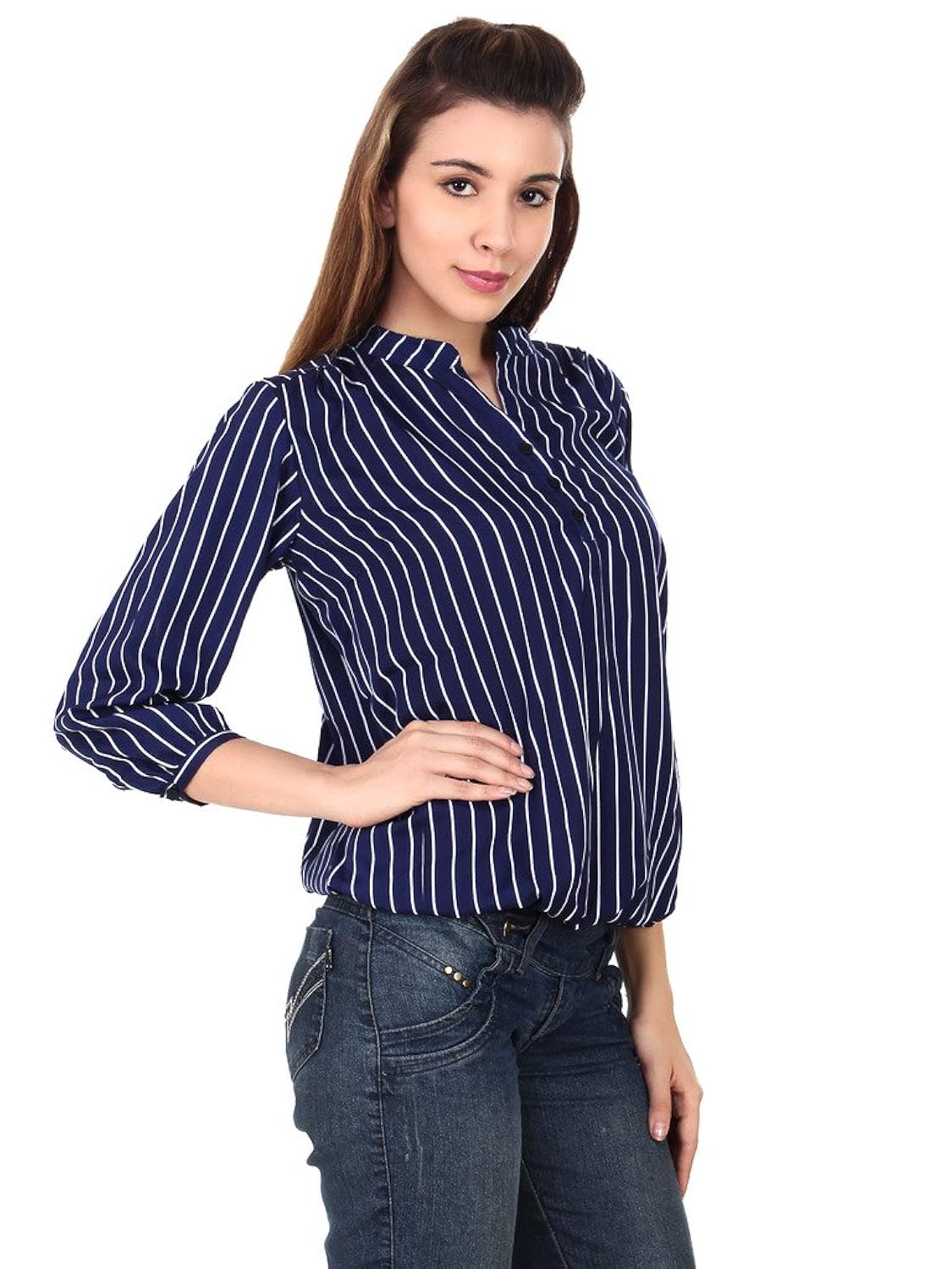mallory winston navy stripe balloon top.