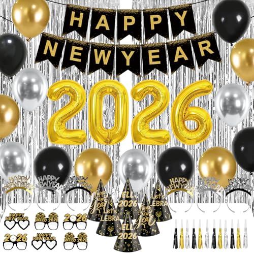 New Years Eve Party Supplies 2026 New Years Decorations Happy New Year Banner 2026 Balloons Hats Glasses Tiaras Squawkers Fringe Curtains for Party Decor Photo Props