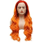 LUSHY BEAUTY Hair Synthetic Lace Front Wig Wavy Long 24inch Orange Root Light Orange Ombre Heavy Density Heat Resistant Realistic Wig