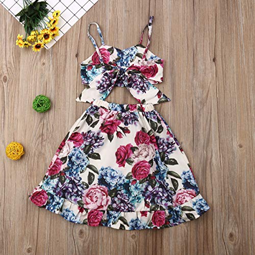 Toddler Baby Girls Ruffle Strap Top+Boho Floral Skirt Summer Outfit Clothes Two Piece Set (Full Floral-Hydrangea&Rose, 1-2T) - Thumbnail 3