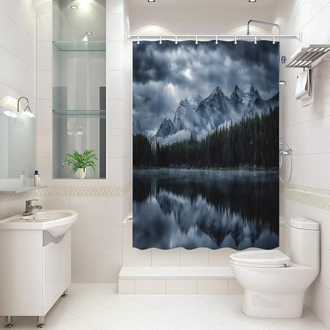 JAWO RV Shower Curtain, Lake with Mountain Forest Landscape