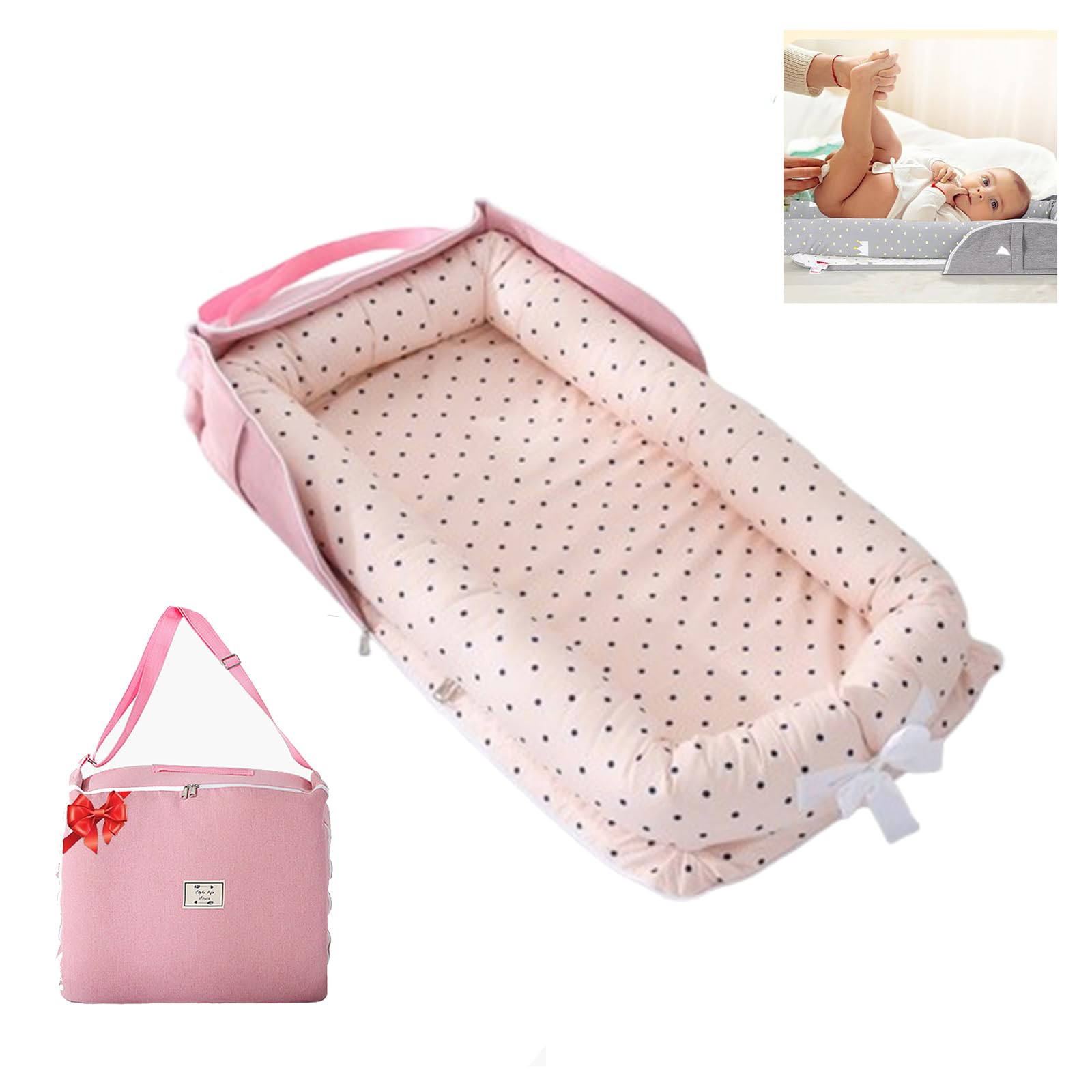 Photo 1 of Loevin Baby Lounger for Newborn Portable Bag,Baby Nest Play Gym mat with Strap,Newborn Lounger Adjustable Size & Inner Zipper Lengthen Space to 24 Months(Pink Polka Dots)