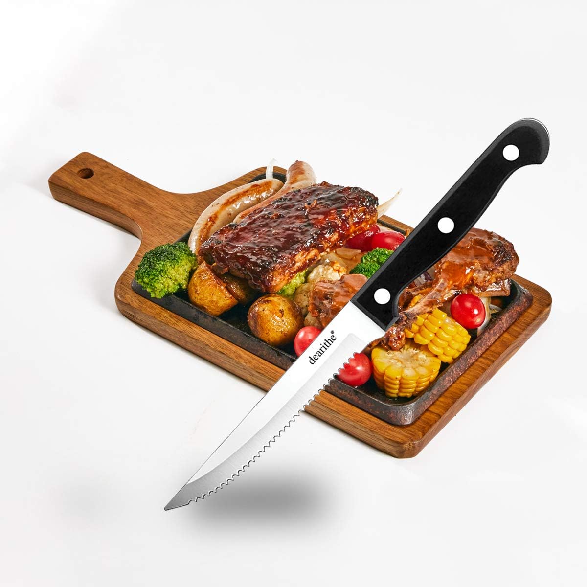 dearithe Steak Knives Set of 6, Black Full-Tang Triple Rivet Serrated Stainless Steel Sharp Blade Flatware Steak Knife Set, 4.5 Inches, For Tableware Kitchen Camping Restaurant, Dishwasher Safe: Kitchen & Dining