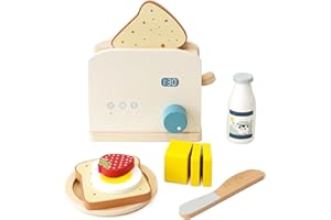 PairPear Pop up Toaster Play Kitchen Playset - Wooden Toy Food 11 Accessories for Kids