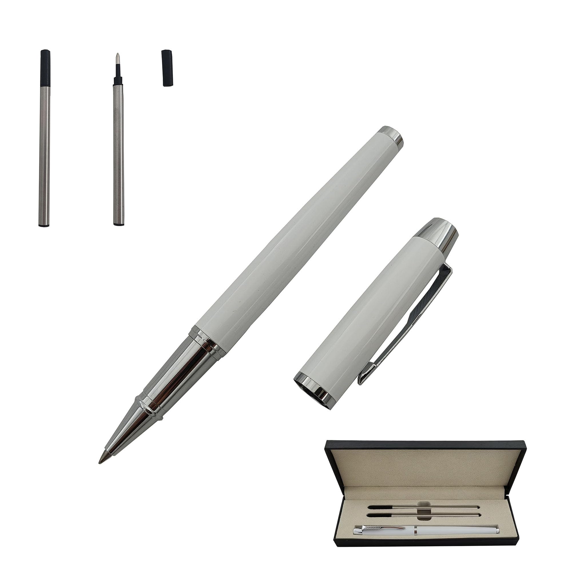 Accod Signature Pen Premium Metal Rollerball Pen with Two 0.5mm Black Replaceable Refills High-grade Pen Box Nice Gift Smooth Writing (White)