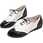Women's Patent Leather Wingtip Flat Oxford Shoes Perforated Lace-Up Vintage Brogue Dress Shoes for Business Office Everyday Wear