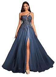 Spaghetti Strap Prom Dresses with Slit Tulle Beaded
