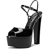 NobleOnly Platform Heels for Women Platform Sandals Chunky Block Peep Open Toe Ankle Strap Sandals Wedding Party Dress Shoes 5.9 Inches Heels