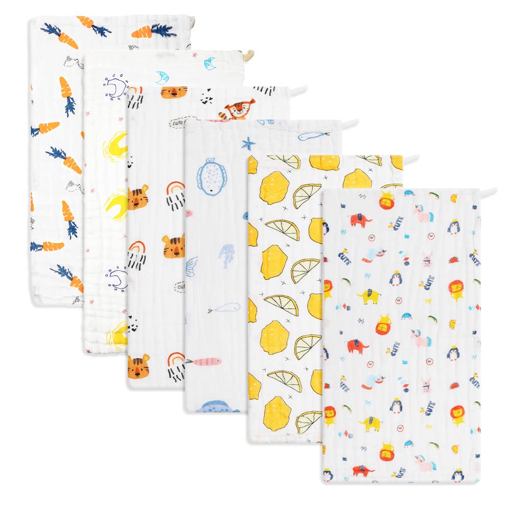 norinori Baby Muslin Cloths Muslin Squares 6Pack - Burp Cloths hanky Washcloths 100% Cotton Super Soft and Absorbent Large 20''x10'' Newborn Essentials for Boys Girls Gift 6 Layers Machine Washable