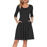 AUSELILY Women's 3/4 Sleeve Casual Dress Pleated Knee Length Dresses | Pleated loose swing knee length dresses, Casual vacation beach work formal sundress, with Pockets