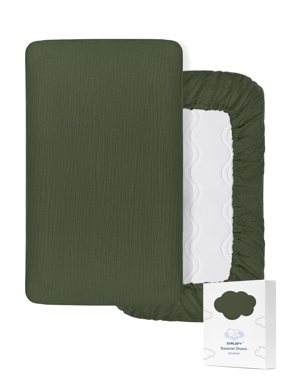 Photo 1 of ZURLEFY Olive Green Bassinet Mattress Sheets, Muslin Bassinet Sheet 32"x16" for Rectangle, Oval, Hourglass Bassinet Mattress, Moses Basket Sheets (46B-10)