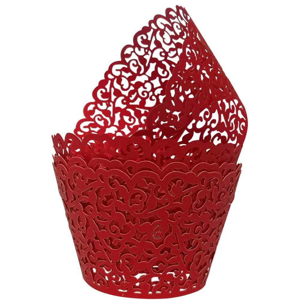 KOSTOO Cupcake Wrappers 50pcs/Pack Lace Cupcake Liners Laser Cut Cupcake Papers Cupcake Muffin Cups for Wedding/Birthday Party Decoration (Red)