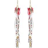 2pcs Bohemian Feather Dangle Earrings with Shell Beads Multicolored Long Fringe Tassel Natural Feathers Drop Earring Hooks for Women Wedding Engagement Party Gifts