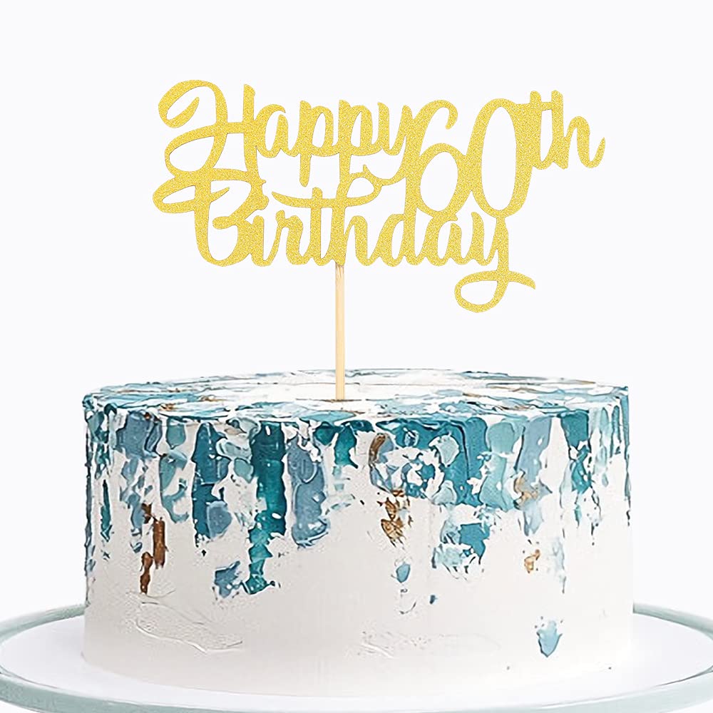 LeeLeeAn Gold 60th Birthday Cake Topper - '60th Happy Birthday' Design, Gold Glitter, 1 Piece
