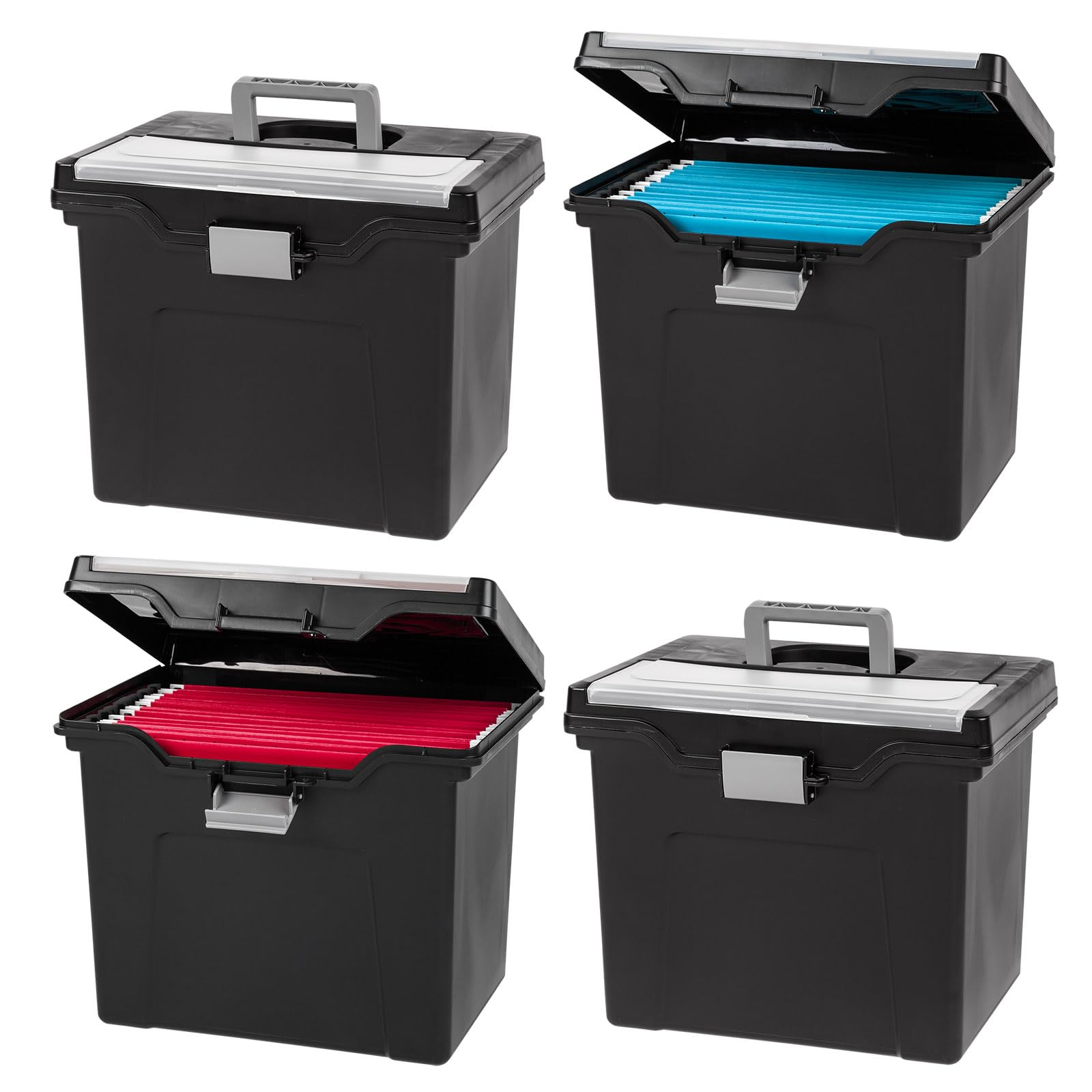Photo 1 of **MISSING ONE***IRIS USA File Box with Lid File Organizer for Letter File w/ Organizer-Lid, Water Resistant Document Box, Plastic Mobile Filing Organizer, Secure Buckle, Portable Handle, Lockable, Black 4 Pack