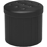 Bsketa® Folding Storage Ottoman Round 14" x 14" x 13"Inch, Foot Stool with Thicker Foam Padded Seat Small Leather Storage Ottoman Bench Foot Rest for Living Room Foldable Pouf Coffee Table,Black