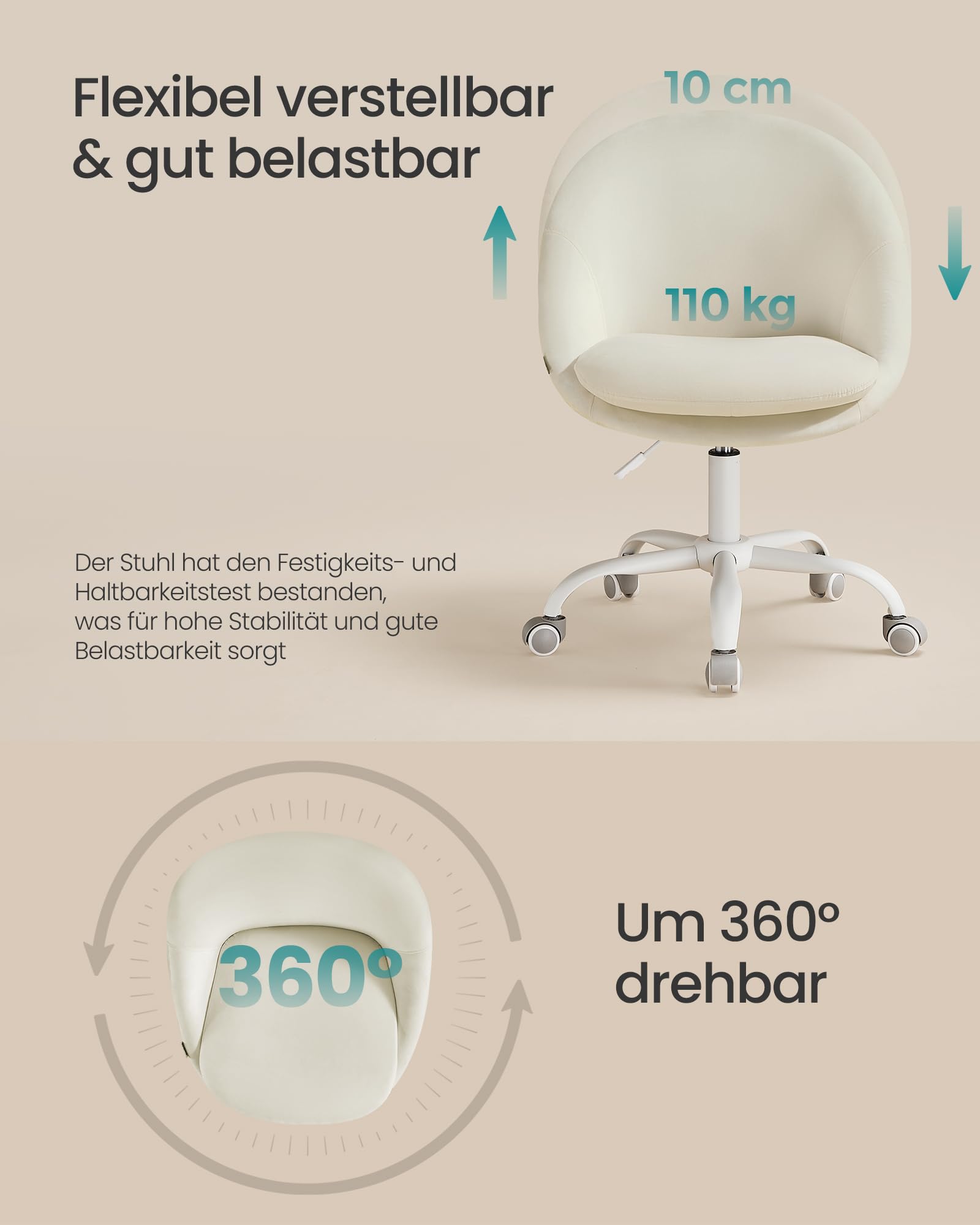 SONGMICS Homeoffice-Stuhl, Schminkstuhl mit Samt-Vorderseite, Schreibtischstuhl, Schaumstoffpolsterung, höhenverstellbar, für Arbeitszimmer, Schlafzimmer, cremeweiß OBG020WD01 5