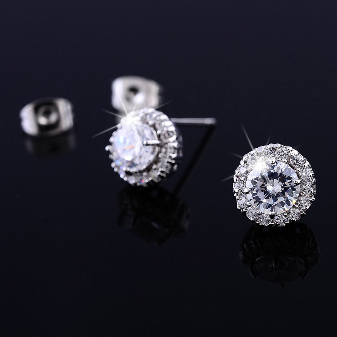 18K White Gold Plated Cubic Stud Crystal Zirconia fashion Hoop Clip On Wedding Earrings for Women Girls