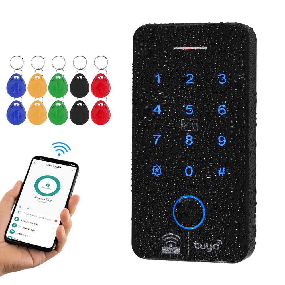 FUSYTULY Waterproof WiFi Tuya RFID Access Control Keypad IP68 Fingerprint Biometrics Access Controller Touch Password System Dual Frequency 125KHz / 13.56MHz WG26, Smart APP Remote Unlock