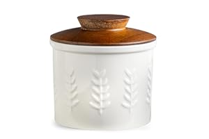 YHOJOY Butter Crock, Ceramic Butter Dish with Lid for Countertop, French Butter Keeper, Elegant Embossed Pattern, White