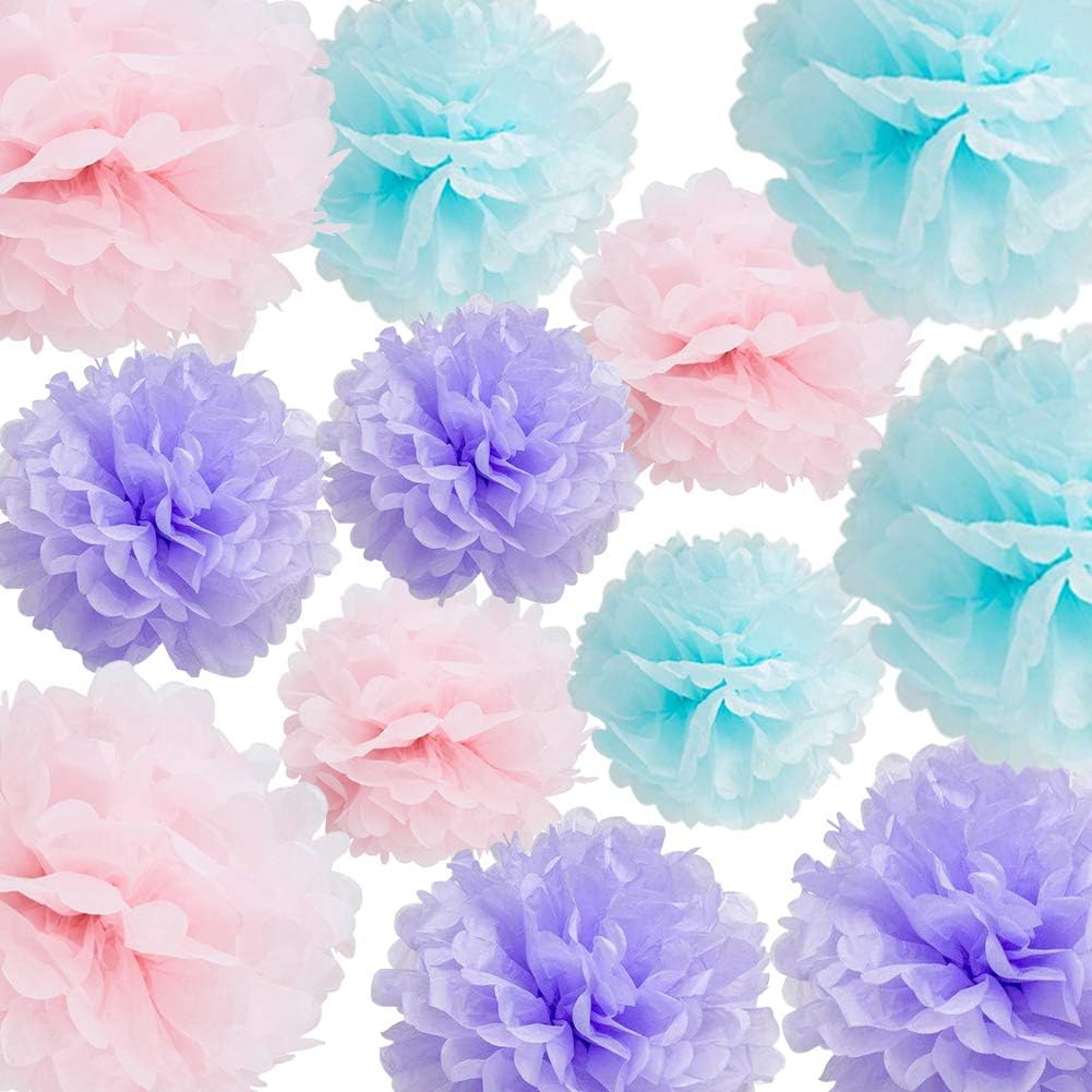 HappyField Unicorn Party Decorations Unicorn Birthday Party Baby Shower Wedding Decorations 12PCS 10inch 12inch Light Pink Blue Lavender Tissue Pom Poms Flower Paper Decorations Unicorn Party Supplies