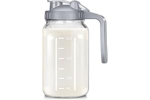 irjeen Glass Mason Jar Pitcher with Lid, 32oz Breast Milk Pitcher Leak Proof, Heavy Duty Wide Mouth Jar with Pour Spout Handle for Breastmilk, Water, Juice, Milk, Tea, Iced Coffee, 1 Pack