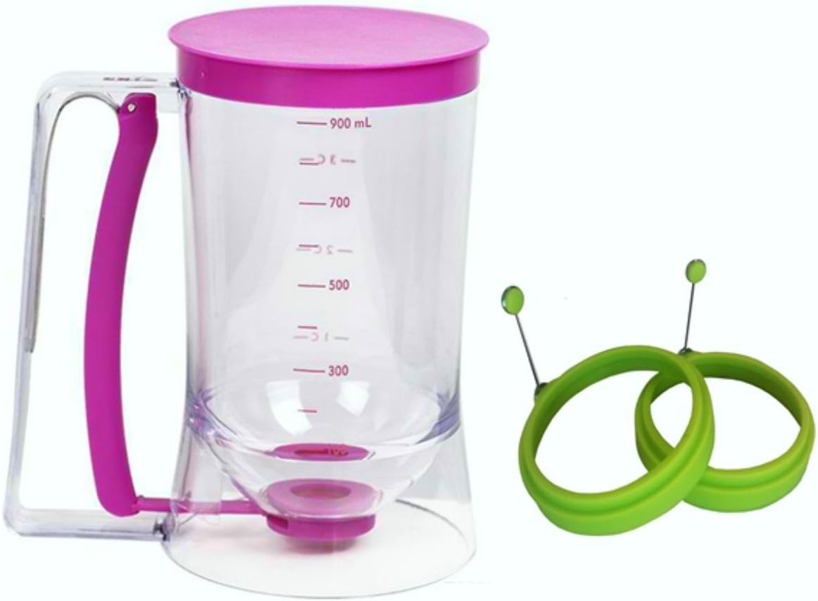 Zensson Pancake Batter Dispenser - 4 Cup Bundled with 2 Green Premium Silicone Egg Ring/Pancake Molds.