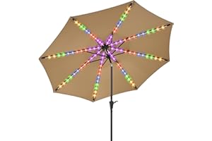 PEAKVONDER 7.5 ft/9 ft/10 ft Outdoor Patio Umbrella with Solar Lights - Large Heavy Duty Beach/Table/Pool/Deck/Market Umbrella, Dual Charging, Tilt, APP & Button Control, UV/Fade-Resistant