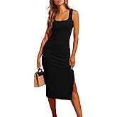 Valiamcep Women's Summer Midi Bodycon Dresses Basic Square Neck Side Slit Ribbed Knit Fitted Casual Sleeveless Tank Dress