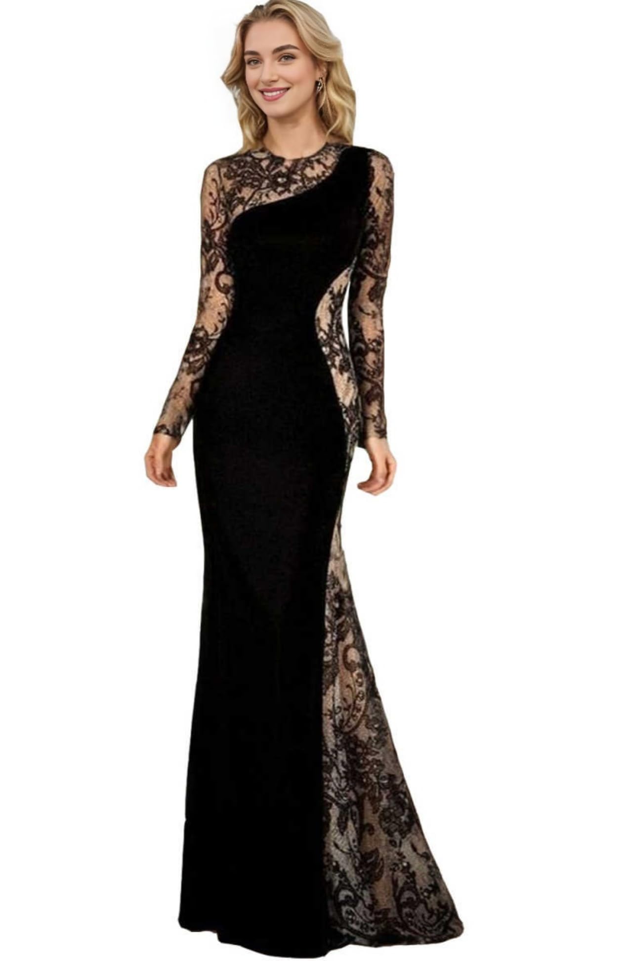 Photo 1 of YDDSPDN Mother of The Bride Dresses Floor Length Jewel Neck Long Sleeves Lace Mermaid Wedding Guest Formal Dresses Black