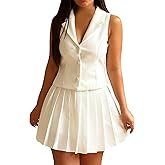 Skirt Suit Set for Women Summer Button Down V Neck Sleeveless Blazer Vest Top A-Line Pleated Mini Skirt Set