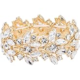 Lavencious Intricate Leaf Design Crystal Stretch Bracelet Bridal Wedding Jewelry for Women 7"