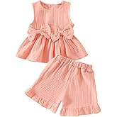 Toddler Girl Summer Outfits Solid Linen Outfit Two Bows Front Ruffle Tank Tops Shirts Shorts Cute Baby Girl Clothes