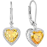 Lwsary Heart Dangle Drop Earrings 925 Sterling Silver Halo Solitaire Leverback Earrings Birthstone Jewelry for Women