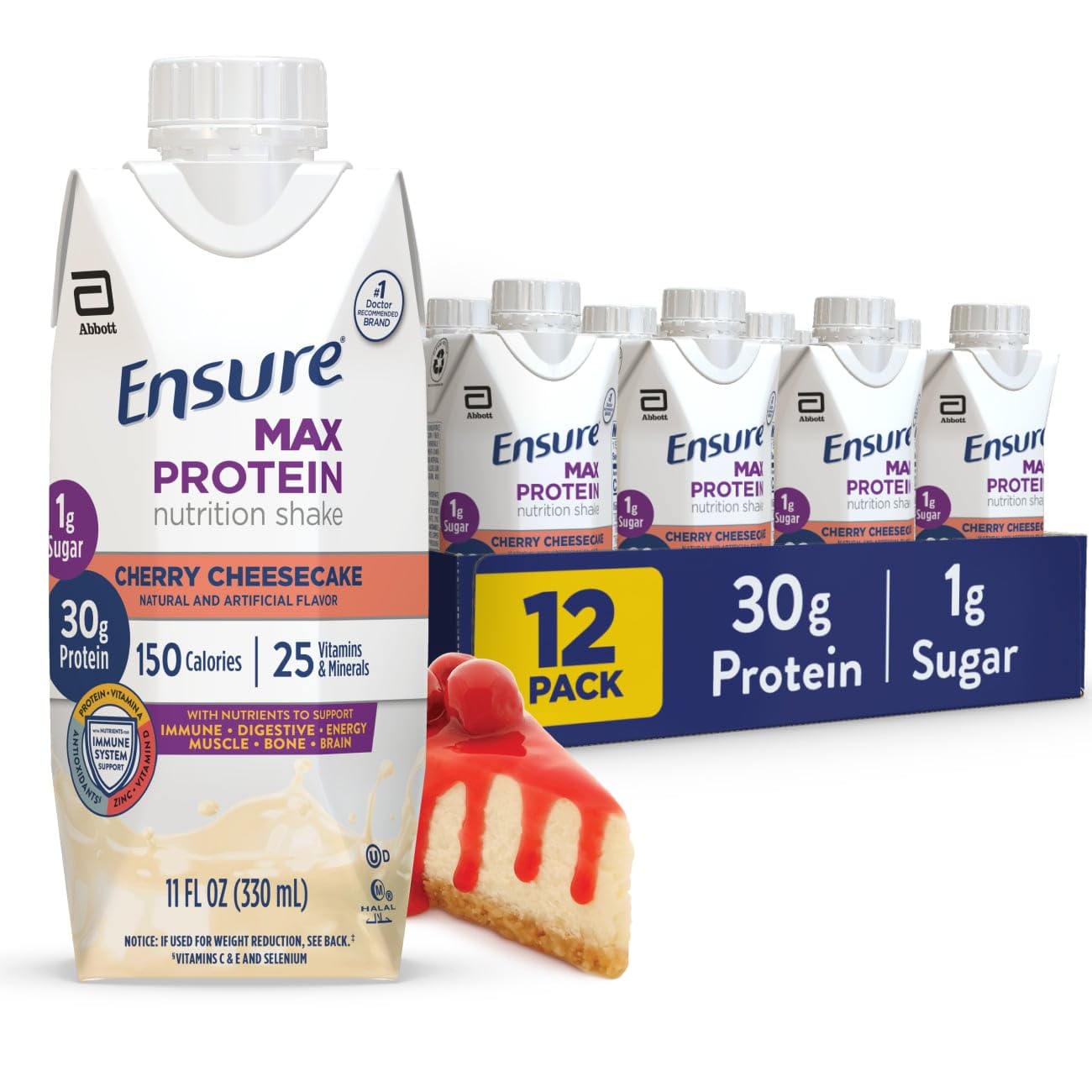 Ensure Max Protein Shake | Cherry Cheesecake | Ready to Drink | 30g Protein for Muscle Health | 1g Sugar, 4g Fiber | 11 fl oz, 12 Pack Image