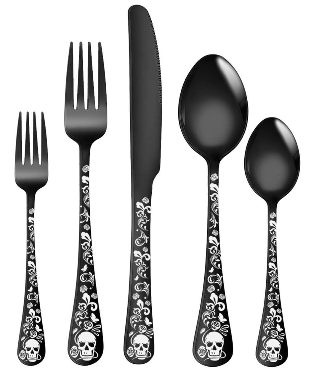 XIAOYU 5 Piece Skull Pattern Silverware Set, Stainless Steel Flatware Set, Gothic Unique Skeleton and Flower Pattern Design, Perfect for Halloween Easter and Christmas, Black