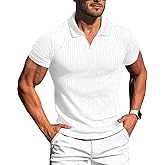 Collared Muscle Shirts for Men Ribbed Knit Slim Fit Polo Shirts Short Sleeve, Mens V Neck T Shirts Casual Stylish