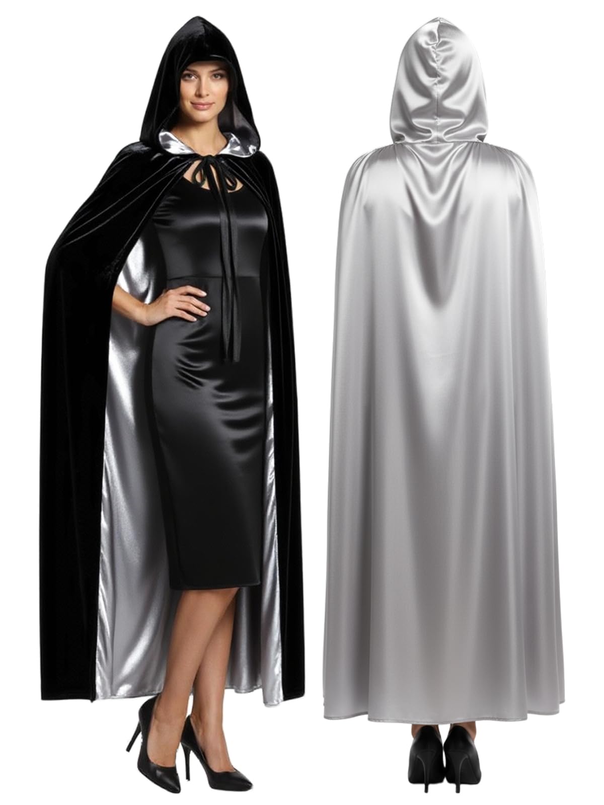 Hotfiary Reversible Black & Silver Cape for Adult, Double Sided Velvet & Satin Hooded Cloak, Halloween Witch Vampire Costume Christmas Fancy Dress Role Play (105/130/150/158cm)